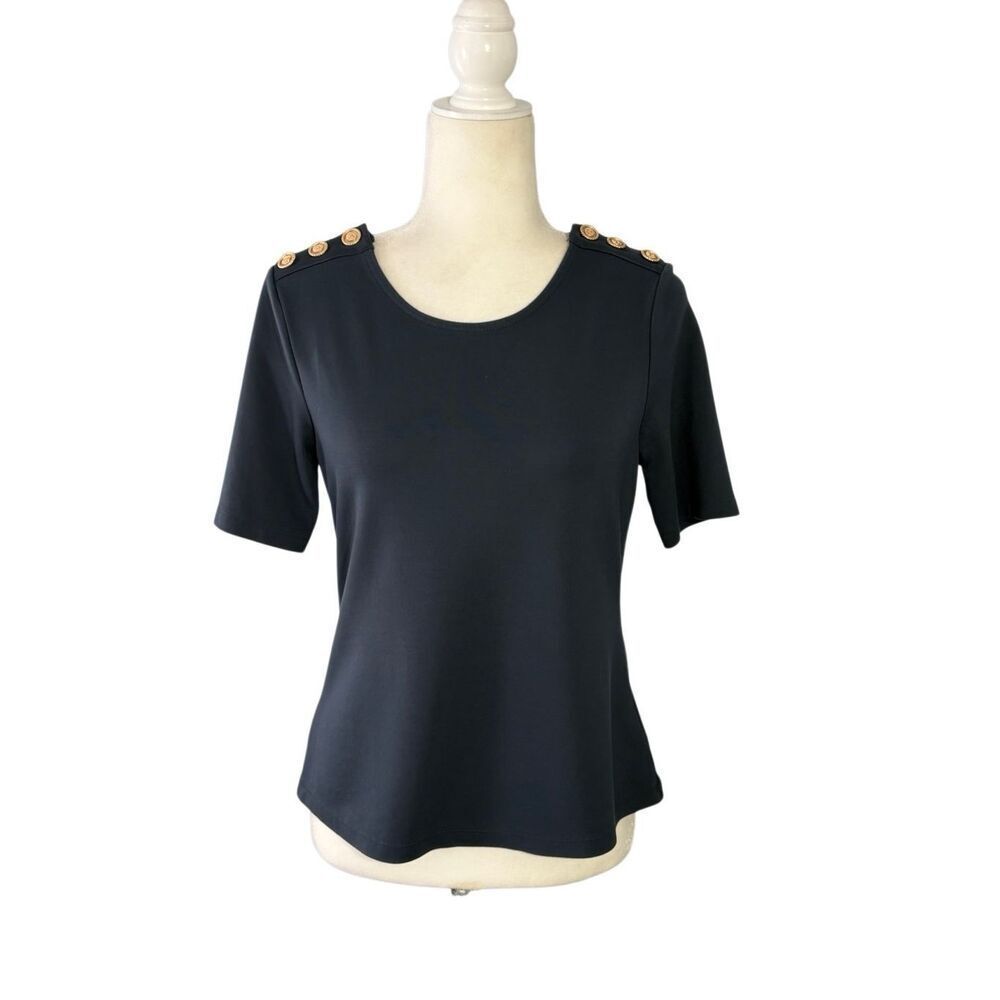Christian Siriano navy short sleeve top with gold button shoulder detail - M